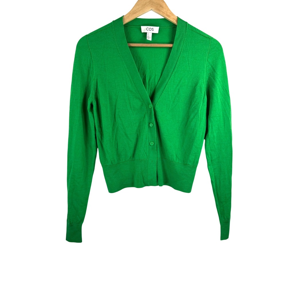 COS Cardigan sz S Green Minimalist Cropped V-Neck Wool 100% Sweater flaw